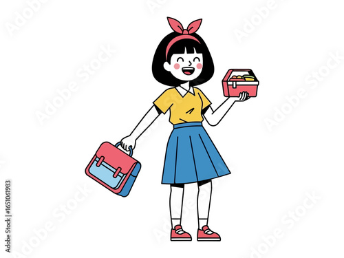 Back to school: A cheerful student, with a bright smile, joyfully holds a lunchbox and school bag, symbolizing the anticipation of a fresh start to school and learning.