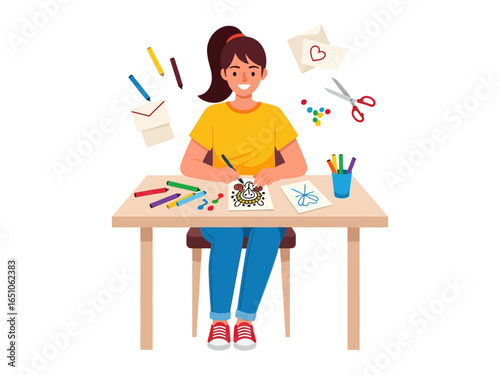Creative Young Artist at Work: A cheerful young woman with a ponytail concentrates on a creative endeavor at her work station.