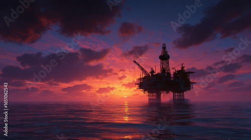 Offshore oil rig at sunset, ocean platform, energy extraction, dramatic sky, industrial scene