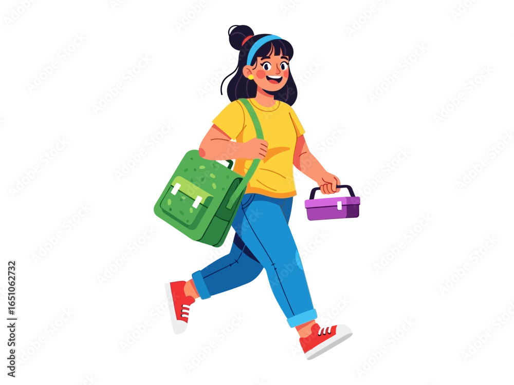 Cheerful Student Going To School: A vibrant illustration of a lively student is on the move, carrying her lunch and backpack, the very image of ready-to-learn eagerness. Cheerful Student Going To School: A vibrant illustration of a lively student is on the move, carrying her lunch and backpack, the very image of ready-to-learn eagerness.