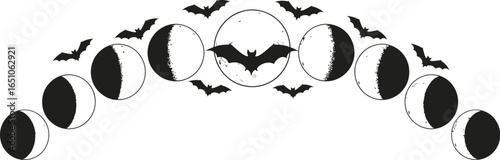 Moon phases with bats flying isolated on white background