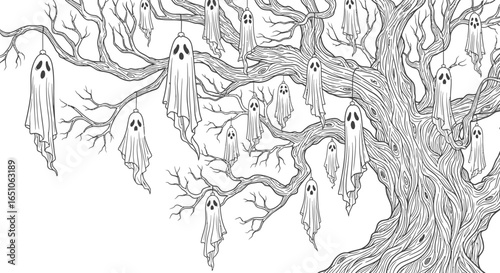 Spooky ghosts adorn a spooky tree for Halloween fun
