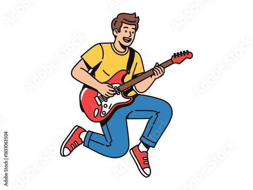 Rock and Roll Spirit: Energetic illustration of a musician's dynamic jump while passionately playing an electric guitar, capturing the energy and fervor of rock music.
