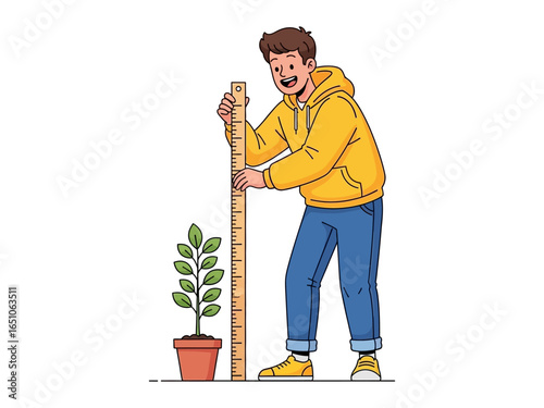 Measuring Plant Growth: A cheerful individual in casual attire meticulously measures the height of a thriving plant. This scene embodies the essence of growth, care.