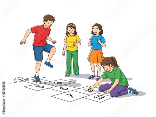 Joyful Hopscotch: A vibrant illustration captures children's glee as they engage in a lively hopscotch game, celebrating the pure joy of childhood and outdoor recreation.