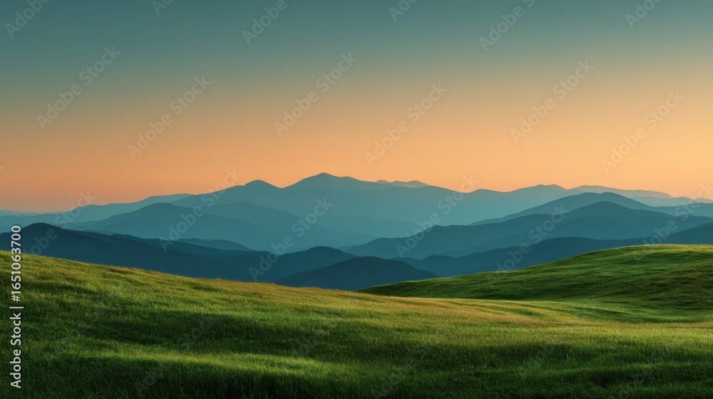 Fototapeta premium Serene Mountain Landscape with Rolling Green Hills at Dusk