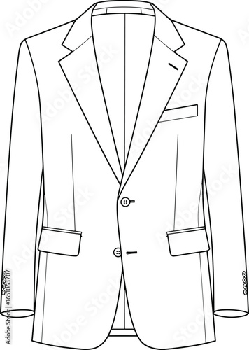 Elegant men's blazer CAD drawing, flat vector illustration, fashion design template, tailored suit jacket, professional apparel sketch, garment design layout