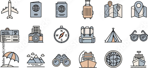 Travel themed vector icons with line art style for vacation planning and adventure high quality professional