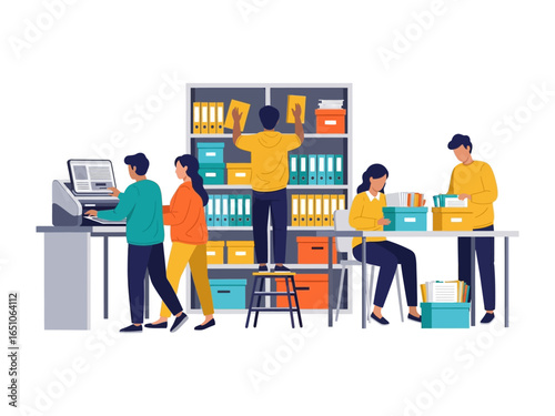 Organizing the Workplace: A group of workers manages and organizes documents, embodying the essence of efficient office management