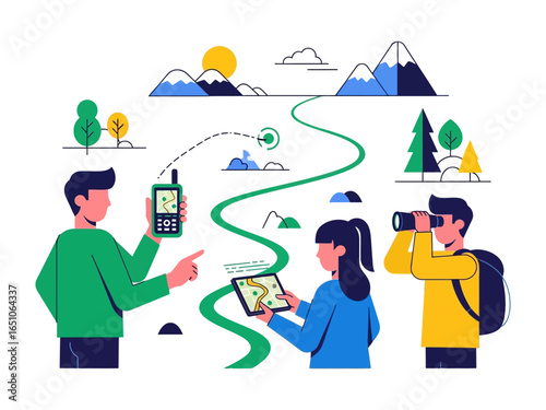 Navigational Journey: The image presents a vivid illustration of a scenic trail, where two companions utilize devices to find the direction while a third individual employs binoculars.