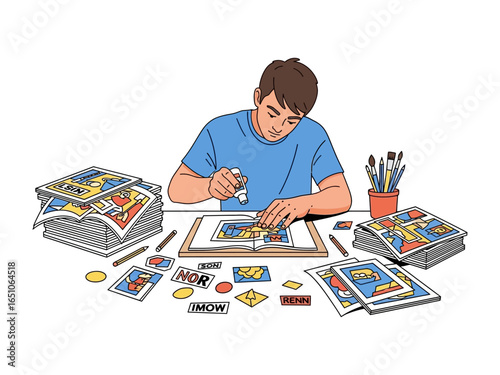 Illustrator at Work: A focused illustrator meticulously arranges artwork, demonstrating the art of artistic precision with detailed illustrations and a wealth of creative tools.
