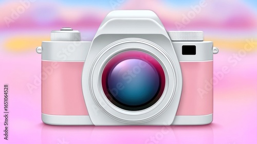 Aesthetic retro camera illustration against a vibrant pastel bokeh background is visually