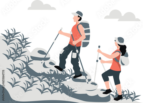 A couple starts climbing at mountain.