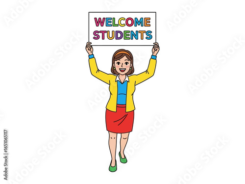 Greeting Students: A friendly educator stands with a cheerful welcome sign, ready to greet and guide new students toward a future of learning and achievement. 