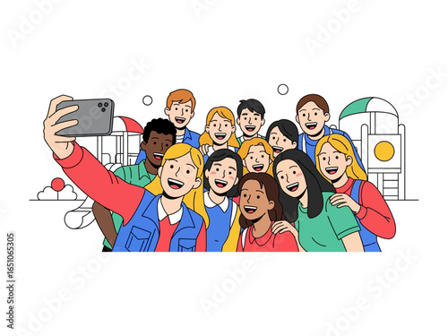 Diverse Selfie Snapshot: A vibrant and diverse group of young people joyfully capture a selfie, illustrating the essence of friendship, unity, and shared experiences in a playfully illustrated design.