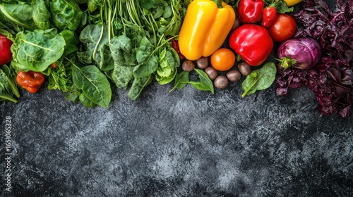 Fototapeta Naklejka Na Ścianę i Meble -  A colorful assortment of fresh vegetables and fruits, including bell peppers, tomatoes, and spinach, arranged on a dark, textured surface with a black background.