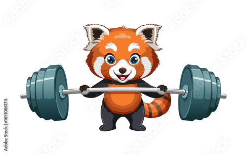 Cute cartoon red panda lifting weights, illustration of fitness and strength