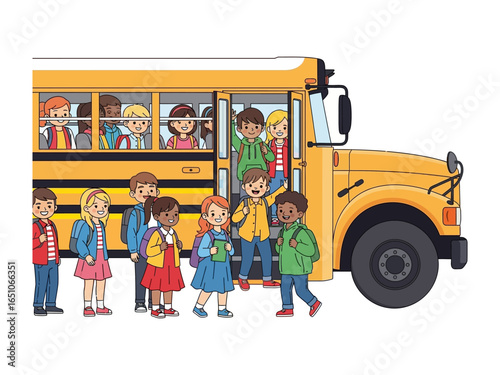 Bus Stop Adventure: Illustrative school children board the vibrant yellow school bus, ready to embark on their educational journey, brimming with anticipation and the spirit of youthful exploration.
