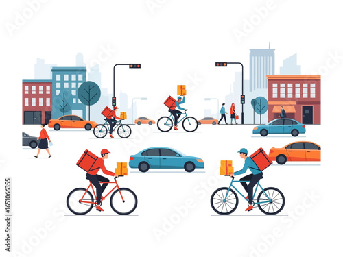 City Courier Commuting: A dynamic illustration showcases a bustling city scene, with couriers efficiently navigating streets on bicycles, delivering packages, amidst cars and pedestrians.