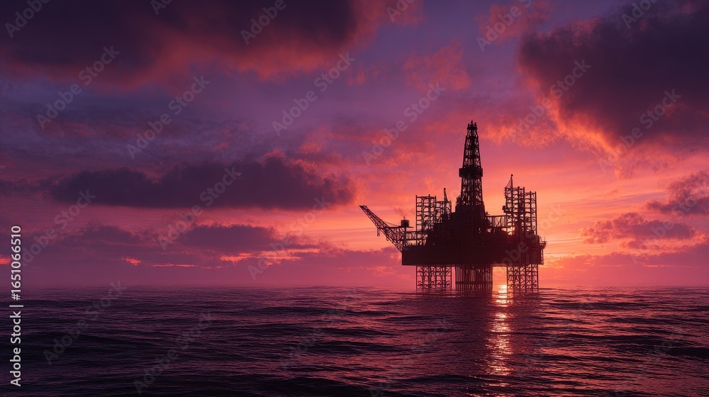 Offshore oil rig at sunset, ocean platform, energy production, dramatic sky, industrial scene Offshore oil rig at sunset, ocean platform, energy production, dramatic sky, industrial scene