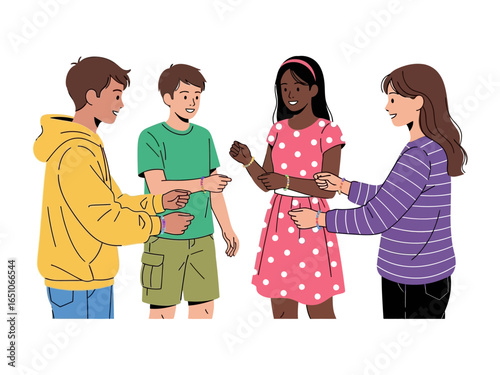 Diverse Friendship's Exchange: Illustration captures a joyful scene of friendship, four individuals of different backgrounds interacting with an enthusiastic expression.