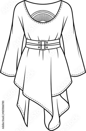 Stylish tunic top, asymmetrical hem, long sleeves, belted waist, intricate neckline, fashion sketch, CAD drawing, flat vector illustration