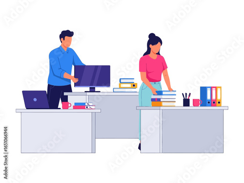 Modern Office Setup: Depicting a contemporary office environment, showcasing two individuals engaged in focused work. Featuring laptops, monitors, and desk accessories.