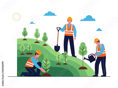 Planting for Future: A group of dedicated workers, clad in safety gear, are seen in a vibrant scene, working harmoniously to plant young trees, symbolizing growth and environmental stewardship. 