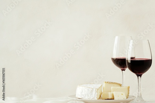 Two glasses of red wine flank a wheel of soft cheese and cut pieces on a plate against a textured off-white backdrop