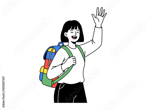 Schoolchild's farewell: A happy schoolchild, backpack slung over her shoulder, waving with a cheerful smile, a beacon of youthful energy and enthusiasm.