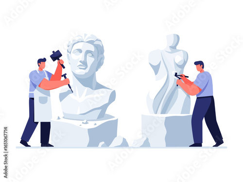 Sculptors at Work: Depicting the artistry of creation, two sculptors meticulously shape marble busts, embodying precision and dedication in their craft.