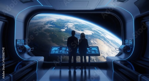 Silhouetted People Watching Earth From Space in Futuristic Spacecraft Observation Deck