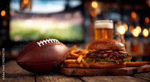 American football game day feast with burger fries and beer