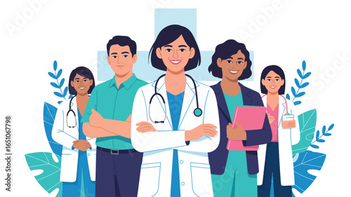 Group of medical professionals in lab coats with clipboard and test tube, symbolizing teamwork, research, and healthcare collaboration