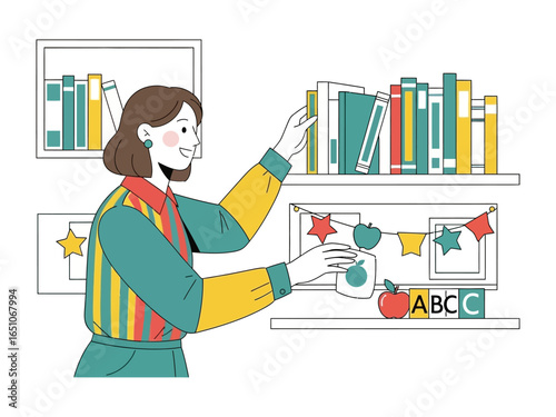 Cozy Bookshelf & Joyful Person: This illustration shows a joyful person adding and decorating books on the shelf in a pleasant room setting.