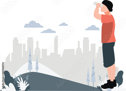 Boy seeing weather condition using binocular.