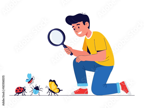 Curious Explorer: A young, smiling individual discovers the wonders of insect life. This vibrant illustration encapsulates exploration and curiosity in an educational and playful setting.