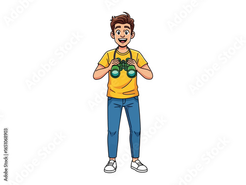 Keen Observer: A smiling person with binoculars in hand, ready for a day of exploration and observation. The person, dressed in casual attire, radiates enthusiasm and eagerness for discovery. 