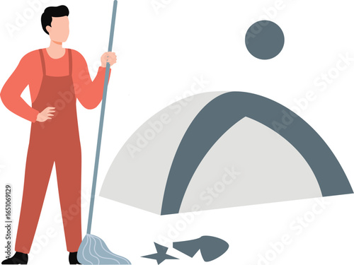 Man cleaning camping area with broom.