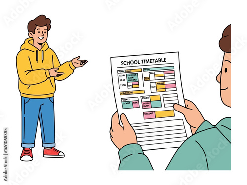 School Schedule Presentation: A teacher explains the school timetable to a student. This image highlights educational collaboration and information exchange.