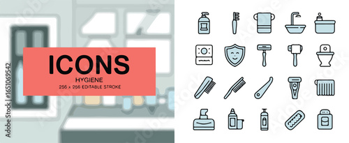 A set of hygiene-themed icons in a modern line art style, displayed on a light gray background .