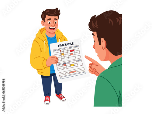 Study Timetable: Two figures intently examine a study timetable. A sense of anticipation and preparation permeates the scene, suggesting a focus on academic success.