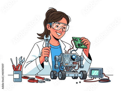 Innovative Robotics: A young, enthusiastic individual, fueled by a spirit of invention, meticulously assembles and adjusts an intricate robot. This image speaks to the core of innovation, science.
