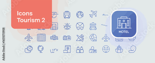 A set of tourism and travel icons in a minimalist blue and white design style .