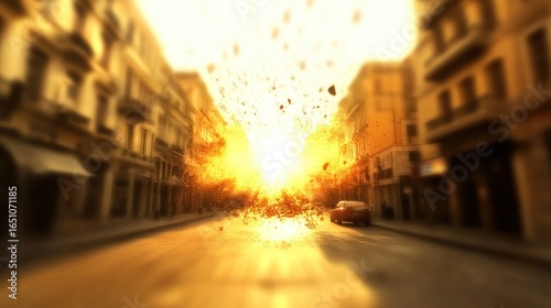 Dramatic explosion engulfing a city street with a car in the foreground, conveying destruction and