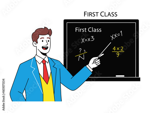 Teacher's Equation: An illustration of a teacher explaining a mathematical equation on a chalkboard, demonstrating the process of learning.