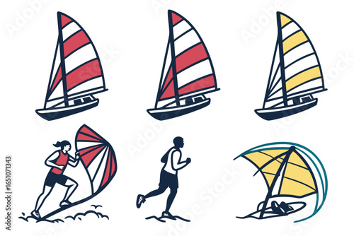 Set of sailing and windsurfing icons isolated on white