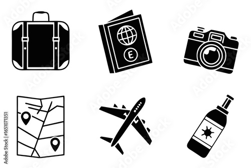 Collection of travel icons including suitcase, passport, camera, map, airplane, and bottle