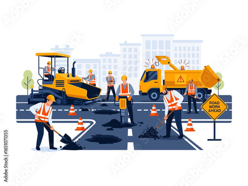 Road Work in Progress: A detailed illustration depicts road construction, showcasing workers, heavy machinery, and warning signs.