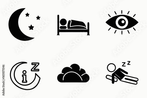 Collection of sleep and night icons isolated on white background